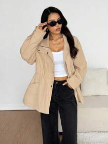 SHEIN EZwear Women's Solid Color Drop Shoulder Long Sleeve Single-Breasted Casual Regular Jacket, Fall Women Clothes - Khaki - View 5