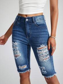 SHEIN LUNE Summer Casual Washed Distressed Slim Fit Denim Shorts - Medium Wash - View 3