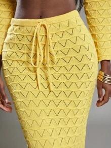 NYA SZN 抽绳束带度假春夏外出性感弹力针织超长黄色毛衣裙 - 黃色 - 查看 3