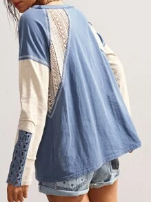 Bohemela 休闲针织拼布圆领长袖宽松女式T恤蕾丝长袖上衣波西米亚风上衣女式西部上衣，女式秋季服装 - 藍色 - 查看 7