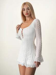 Sweetina 休闲提花面料方领长袖迷你连衣裙 - 白色 - 查看 4
