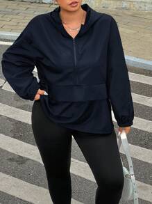 SHEIN EZwear 海军蓝加大码女式落肩长袖拉链连帽夹克 - 藏蓝色 - 查看 4