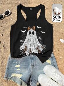 Attitoon Camiseta sin mangas de mujer con gráfico minimalista divertido de fantasma, calabaza y encaje de Halloween