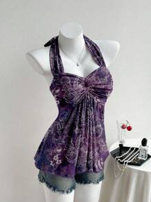 Comfortcana Women's Casual Retro Twist Knot Ruched Backless Halter Top,Off The Shoulder Top - Multicolor - View 5