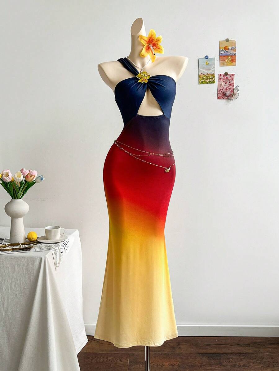 Soleia 女式渐变针织不对称褶饰紧身长裙，性感鸡尾酒会礼服，适合节日、约会、海滩度假、夏季 - 咖啡棕 - 查看 1