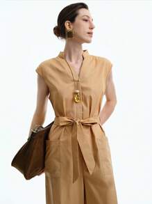 Aalyst Elegancki damski kombinezon do pracy, swobodny, wygodny, uroczy, retro, minimalistyczny, bez rękawów, z dekoltem w serek, luźny, prosty, z szerokimi nogawkami, duża kieszeń, pasek w pasie, jednolity kolor