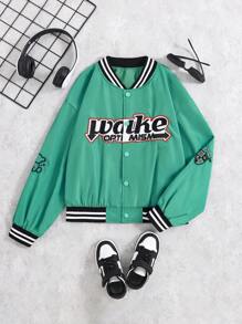 Boys' Minimalist Fashion Cool Embroidered Woven Baseball Jacket Cardigan With Snap Buttons Boys Letterman Jacket Letter Jacket Boys Boys Jacket Baseball Jacket Boys Y2k Clothes Boys - Green - View 3