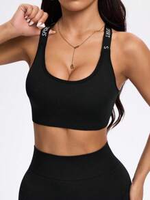 Easithlete Sutiã Esportivo Ativewear de Moda com Impressão de Letras e Costas Abertas, Verão - Preto - Visão 2