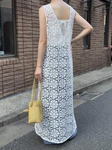 FRIFUL Women's White Solid Sheer Lace Overlay Loose Casual Dress, Versatile For Autumn Summer Women Dresses Sundress Maxi Dress - Beige - View 1