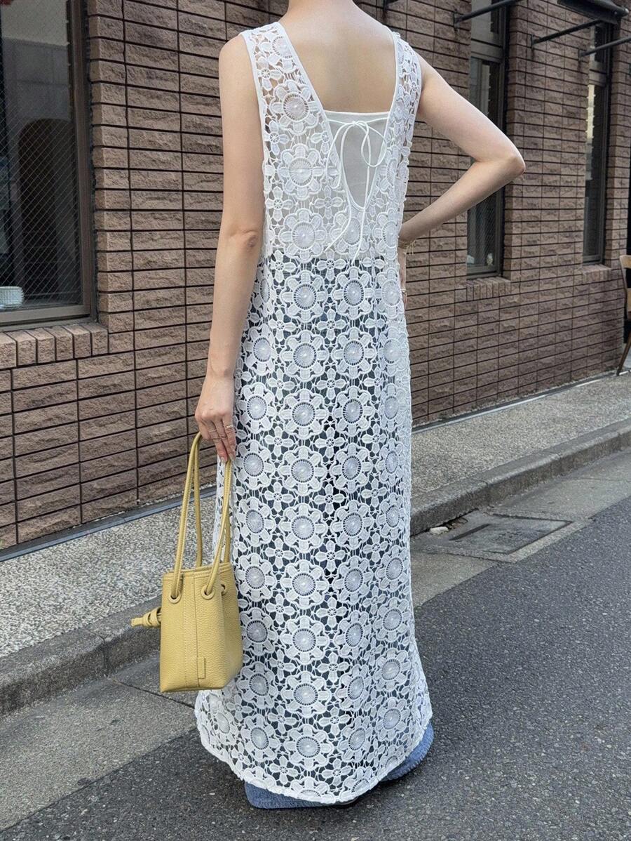 FRIFUL Women's White Solid Sheer Lace Overlay Loose Casual Dress, Versatile For Autumn Summer Women Dresses Sundress Maxi Dress - Beige - View 1
