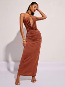 COSMINA Sultry Sleeveless Long Dress In Knitted Fabric With Split Thigh And Halter Neckline