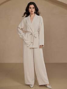 DAZY Conjunto de 2 piezas de chaqueta de manga dolman y pantalones de pierna ancha de unicolor, estilo casual y holgado para mujer - Albaricoque - Ver 2