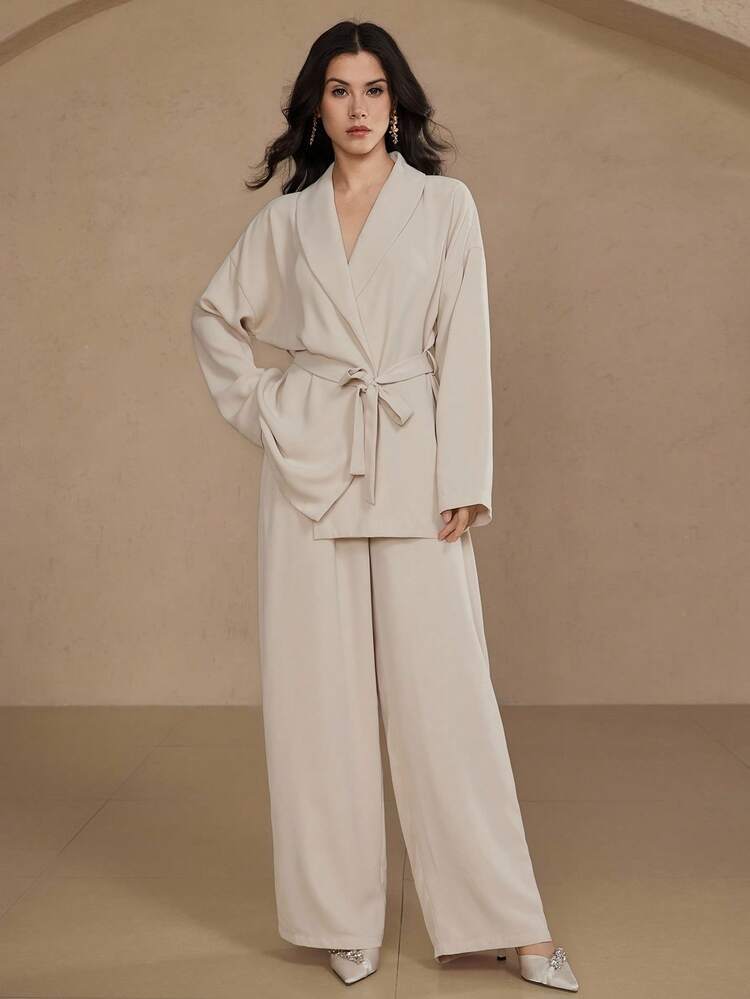 Women's Solid Color Dolman Sleeve Jacket And Wide Leg Pants Loose Casual 2 Pieces Set