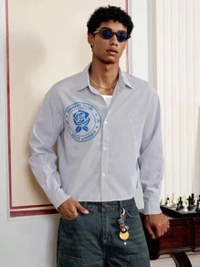 Manfinity VCAY Men's Casual Floral, Letter & Striped Print Long Sleeve Loose Fit Shirt, Spring/Autumn - Multicolor - View 5