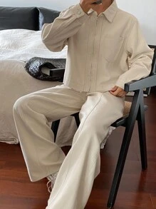 Livesso Petite 女款翻領長袖上衣與長褲休閒街頭風日常丹寧套裝，秋季上班度假白色 - 白色 - 查看 6