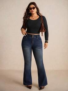 Elaquor Oversized Blue Jeans With A High Waist And Slim Fit. Comfortable And High-Stretch Denim. French And Elegant Flared Jeans Perfect For Autumn. - Dark Wash - View 6