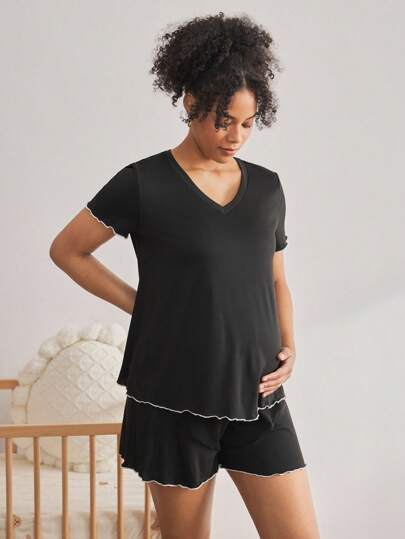 Moonlight&Mama 舒适黑色弹力简约短袖睡袍，孕妇家居服