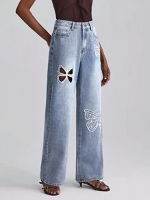 Slaydiva 女式蝴蝶镂空刺绣水钻装饰牛仔裤 - 淺色水洗藍 - 查看 3