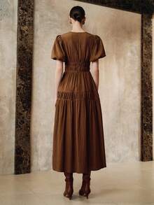 Arave Women's Coffee Brown Viscose Textured Deep V-Neck Puff Short Sleeves Elegant Date Long Dress,Summer Holiday Tea Party Holiday Elegant Fall Clothes - Brown - View 4