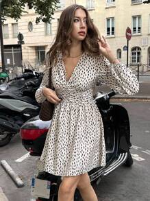 Pariaura Casual Commuter All-Over Print Ruched Waist Mini Dress Fall Cloth For Women