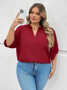 SHEIN CURVE+ 加大码卷舌袖黑色衬衫，优雅、度假、基本款 - 酒紅色 - 查看 8