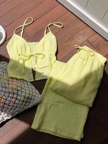 Comfortcana Women's Linen Cream Yellow Tank Top And Pants Set, Summer - Yellow - View 3