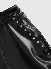 ROMWE Plus Size Women Gothic PU Flare Leg Solid Color Pants - Black - View 4