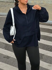 SHEIN EZwear 海军蓝加大码女式落肩长袖拉链连帽夹克 - 藏蓝色 - 查看 5