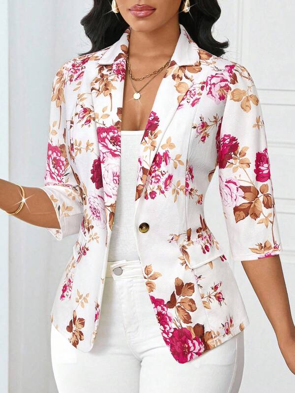 SHEIN Lady 2025新款女士薄款西装外套适合所有季节商务休闲女外套秋冬花卉印花西装外套