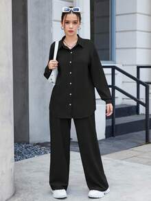 SHEIN Teen Girls' Textured Letter Print Shirt & Wide Leg Pants 2 Pieces Set, Early Autumn Transitional - Black - View 7