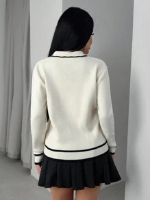 EURMUSE Women Stripe Hem Detailed Front Button Ribbon Polo Neck Drop Shoulder Cardigan,Long Cardigans Woman,Petite Cardigans,Cardigans - Beige - View 2