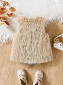 Elladie kids 少女毛绒蝴蝶结装饰外套背心，适合休闲、时尚、优雅的日常穿着 - 卡其色 - 查看 2