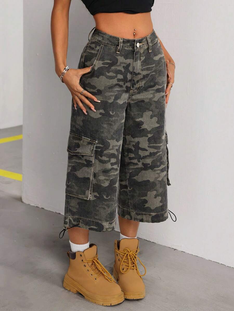 SHEIN Tall 女士宽松裤型街头风迷彩工装口袋七分牛仔裤