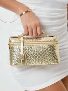SHEIN SXY Ladies, Women Top Handle Bags ,Woven Bags, Fashionable, Simple, Elegant, Versatile, Classic, Woven PU,Red Bag,Metal Padlock Decoration,For Commute, Office,Date, Daily,Shopping, Afternoon Tea - Gold - View 2