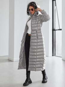 SHEIN Cottnline 女款純色連帽拉鍊襯墊大衣 - 灰色 - 查看 4