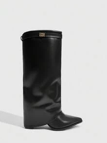 Daringsoles 女式尖头粗跟绒面西部流苏靴，修身高筒靴 - 黑色 - 查看 11