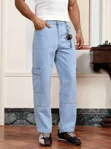 SWAVVY 男士天蓝色修身口袋休闲时尚长牛仔裤 - 藍色 - 查看 3