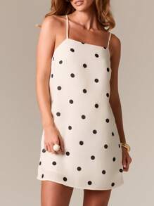 AiiRZ Vestido mini de sensación de lino con lunares, vestido de verano con tirantes finos, espalda descubierta, corte evasé, para vacaciones, resort y playa, vestido de fiesta con línea A