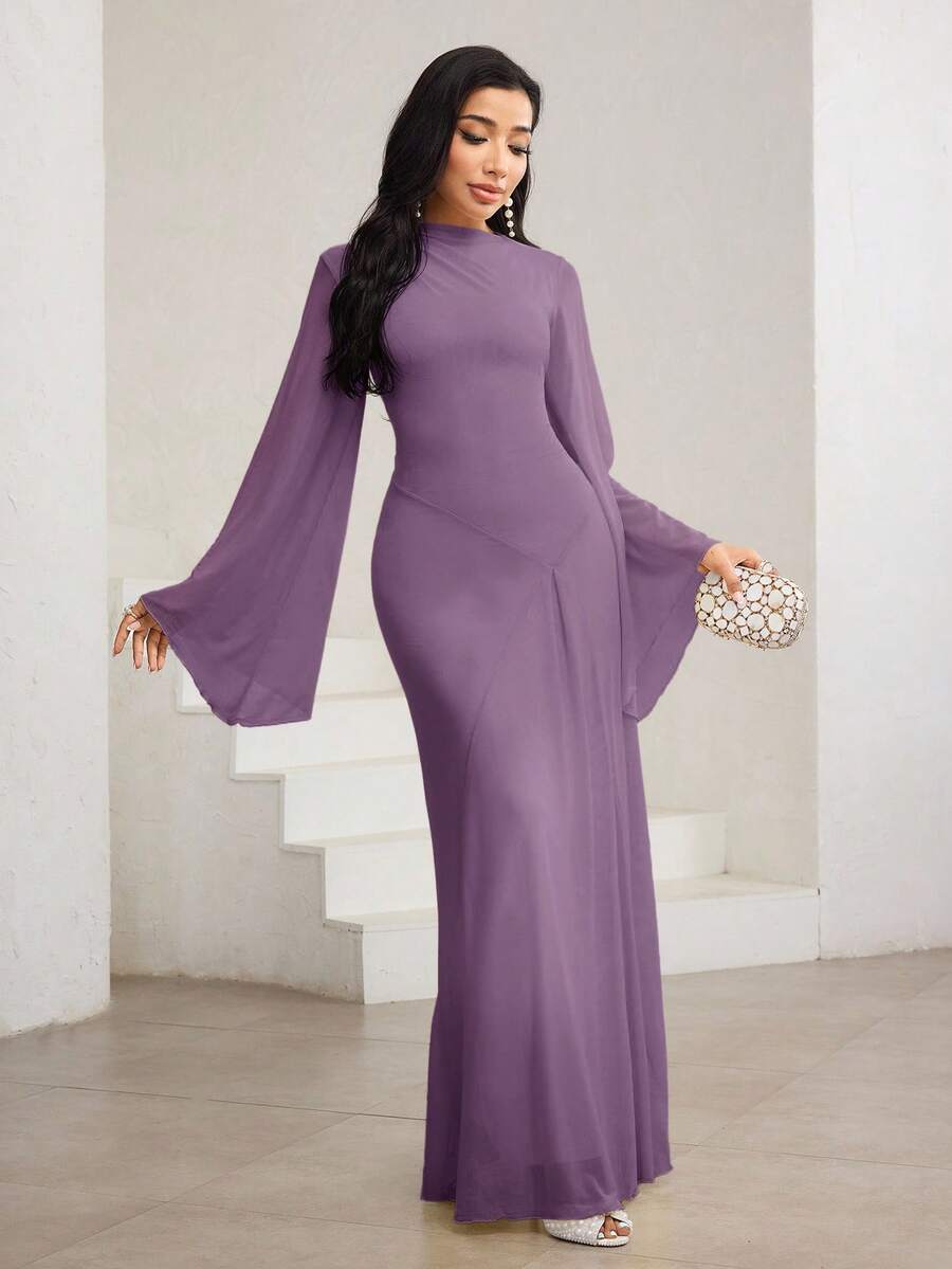 Veilorie Váy tay loe màu trơn thanh lịch dành cho nữ - Màu tím - Xem 1