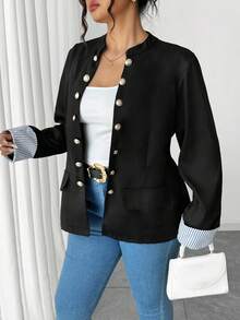 Elenzga Plus Size Retro Stand Collar Double-Breasted Long Sleeve Contrast Striped Cuff Women Jacket Fall Winter Cloth For Women Autumn - Black - View 5