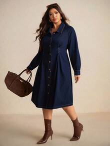 Elaquor 加大码深蓝色牛仔连衣裙衬衫式长袖长裙腰部设计秋季时尚穿搭OOTD - 深色水洗藍 - 查看 7