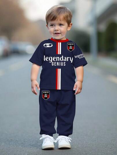 SHEIN Baby Boys Casual Fashionable Classic Sporty Legendary Team Element Print, "Legendary Genius" Text, No.24 Shield Print, Classic Stripe Patchwork Print Round Neck Short Sleeve T-Shirt And Pants Set, Suitable For Summer, Transitional Season, Autumn, Sports