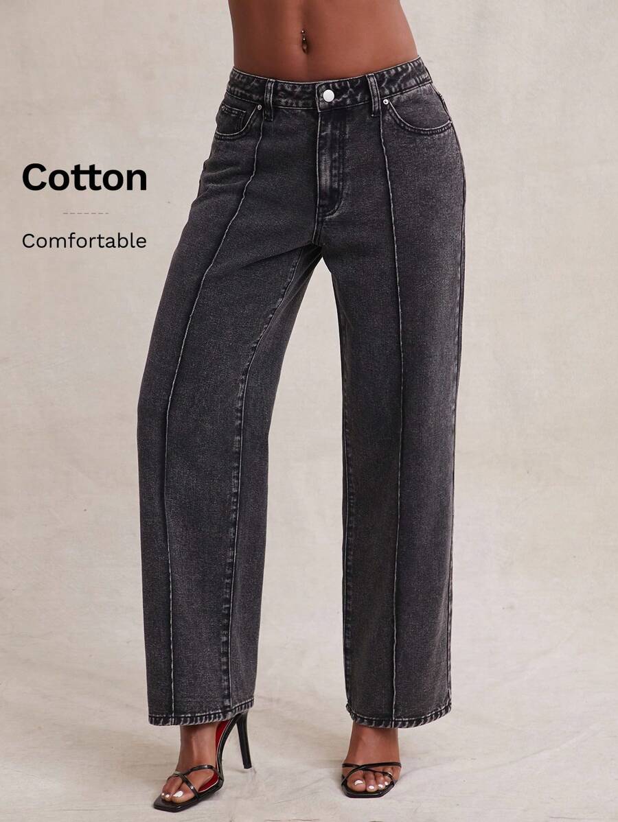 NYA SZN 宽松阔腿水洗牛仔牛仔裤，休闲日常穿搭 - 黑色 - 查看 1