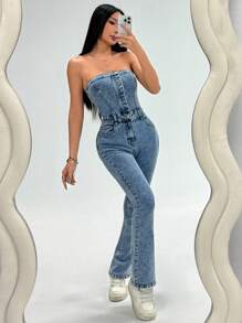 SHEIN PETITE 休闲水洗露背修身牛仔连体裤 - 藍色 - 查看 3