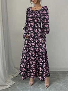Rafferiza Elegant Floral Print Square Neck Dress With Ruffle Trim, Ruffle Sleeve, Pearl Button Decor, Suitable For Spring & Autumn Maxi Women Outfit Autumn Dress Fall Cloth For Women - Pink - View 5