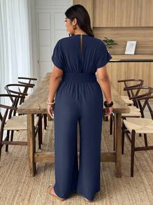 EMERY ROSE Plus Size Solid Color V-Neck Short Sleeve Jumpsuit - Navy Blue - View 2