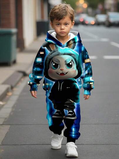 SHEIN Leap Crew Bộ 2 món/Bộ đồ thể thao rộng rãi thoải mái họa tiết động vật hoạt hình dễ thương cỡ lớn dành cho bé trai, phù hợp cho mùa thu/đông