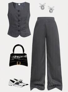 SHEIN Conjunto de 2 piezas con blazer sin mangas de cuello cuadrado a rayas y pantalones de pierna ancha para niña preadolescente - Gris Oscuro - Ver 13