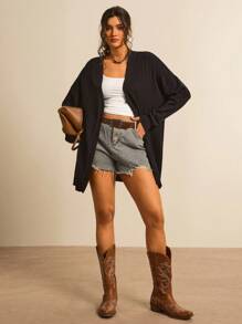 SHEIN LUNE Plus Solid Button Front Cardigan In Fall/Winter - Black - View 4