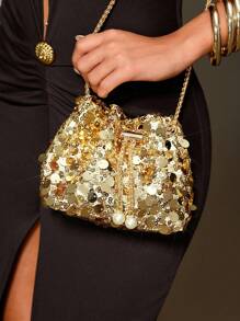 CUCCOO SZL 1个链条抽绳封口PVC亮片闪亮金属仿珍珠装饰彩色女士水桶包单肩斜挎金色手拿包，时尚礼物，适合女士派对晚装，完美搭配女士舞会礼服、舞会配饰、亮片连衣裙、闪亮连衣裙、优雅连衣裙、优雅舞会包，完美搭配新娘派对、金色包包、亮片 - 金色 - 查看 7